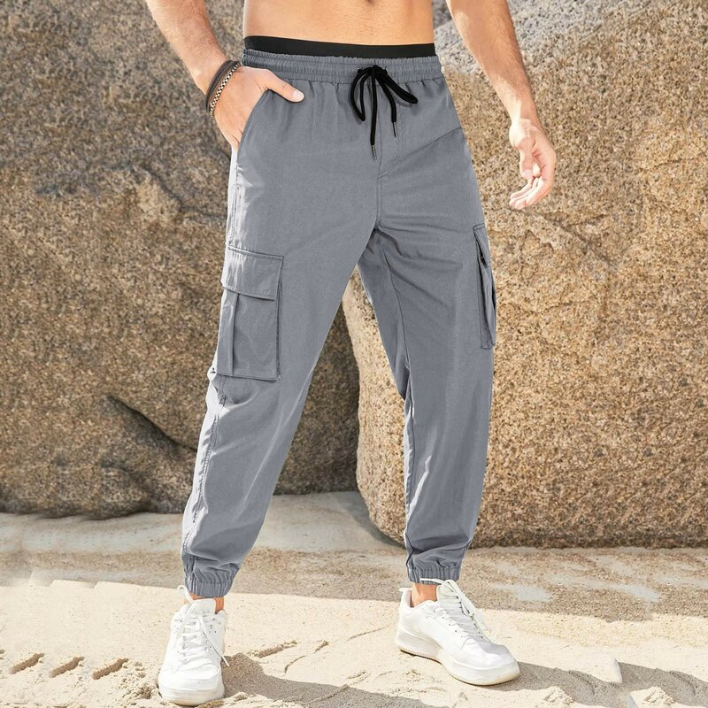 Male Cargo Trousers Cascal Large Size Solid Tie Side Multi Pockets Long Pants Casual Sweatpants Soft Sports Pants Jogging Wear