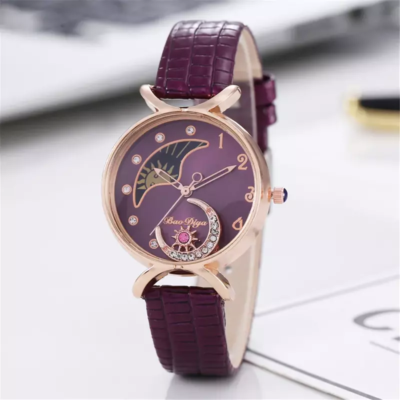 Jam tangan bulan elegan wanita, arloji Quartz dengan berlian kasual kulit kreatif Montre Femme