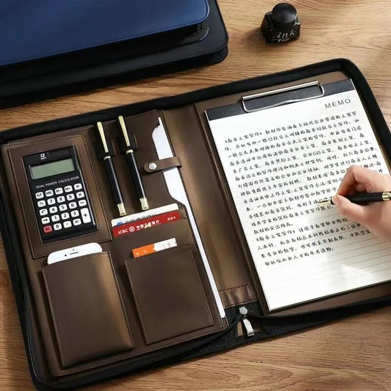 Carpeta de cuero para documentos, maletín ejecutivo, calculadora con cremallera, A4
