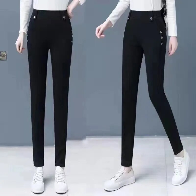 Calça lápis de estiramento alto feminina, elástico na cintura, jeans skinny, comprimento total, plus size, moda casual, primavera, nova