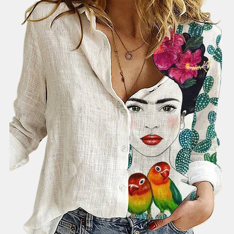 Mode Stiksel Retro Gezicht Print Blouse Lange Mouwen Vrouwen 2023 Herfst Revers Knoop Casual Top Lady 2xl Katoen Polyester Shirts