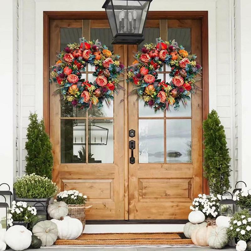 手作りのカボチャリースデコレーション、玄関ドア収穫花飾り、屋内および屋外で18インチ