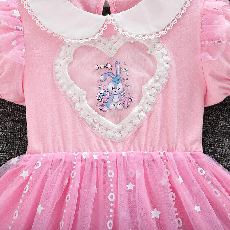 Disney-Robe de princesse en maille à manches courtes pour filles, vêtements de dessin animé pour enfants, costume de fête, StellaLou, été, nouveau, 2024