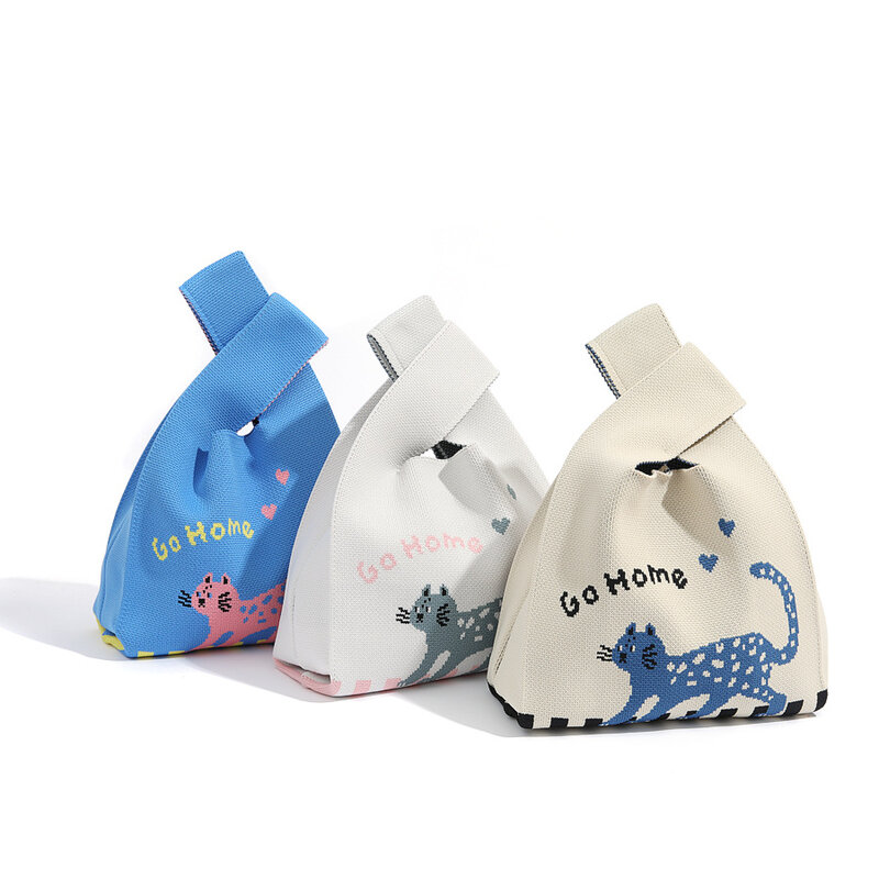 Tas tangan rajut kucing lucu baru mode tas bahu buatan tangan tas Tote santai wanita tas belanja dapat digunakan kembali untuk pelajar Jepang