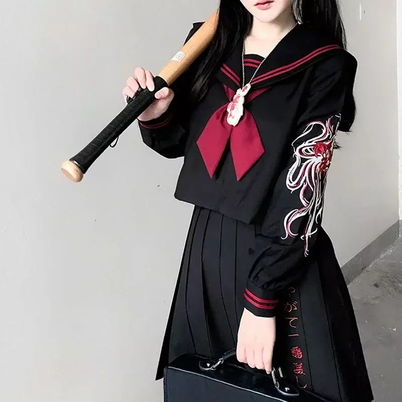 Uniforme escolar japonês com bordado para menina e mulher, top de manga comprida, estilo marinheiro, anime, tamanho s-xl