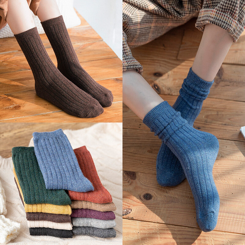 Chaussettes épaisses et chaudes en laine pour femmes, 1 paire, couleur unie, décontractées, joyeuses, rétro, tube à mi-hauteur, nouvelle collection hiver