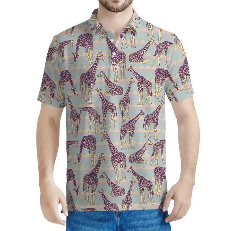 Polo con patrón de jirafa de dibujos animados para hombre y niño, Camiseta con estampado 3D de animales, camiseta informal de gran tamaño con botón de solapa, manga corta
