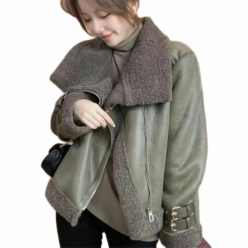 Fashion Lapel Lamb Wool Leather Jacket Women 2024 Winter Long Sleeve Zipper Thickened Coat Casual Chic Female Warm Outerwear