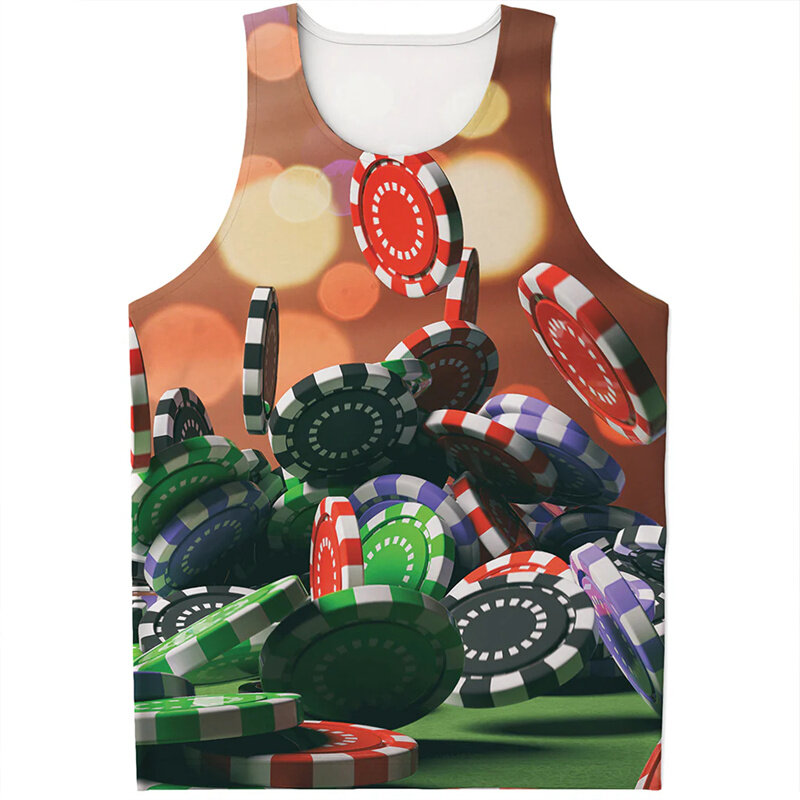 Retro Poker Chips Pattern Tank Top For Men 3d Print Playing Cards Vest Summer Streetwear Oversized Tee Shirts Personality Tops