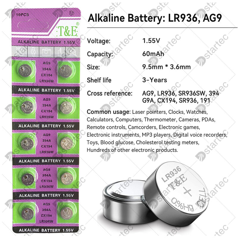 10PCS-50PCS 1,55V AG9 LR936 394 SR936SW CX194 LR45 Батарейки-кнопки G9A 194 394A SR936 L936F Cell Coin Watch Toys Remote Battery