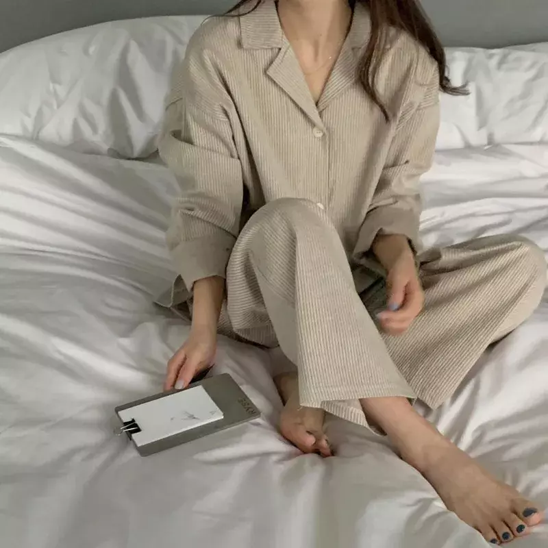 단색 캐주얼 잠옷 세트 여성용 싱글 브레스티드 일본 스타일 턴다운 칼라 나이트웨어 용수철, 신축성 허리 홈웨어, 가을