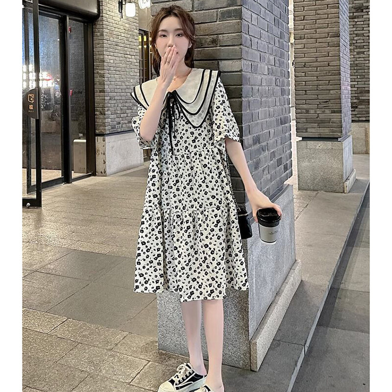 Sweet Peter Pan Collar Lace Up Bow Printed Folds Floral Dress Female Clothing 2024 Summer New Loose Princess Dress