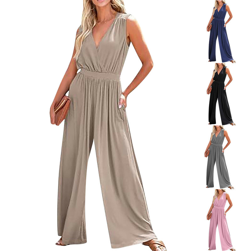 New High Waist Backless Pleated Office Romper Women Casual Solid Color V Neck Jumpsuit Sexy Sleeveless Simple Tank Straight Pant