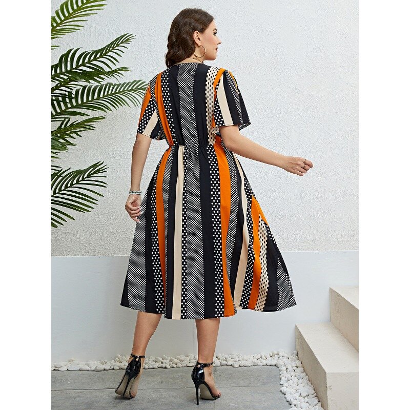 WSFEC XL-4XL 2023 Summer New Fashion Plus Size Women Clothing Short Sleeve Patchwork Stipe Loose Elegant Casual Midi Dresses