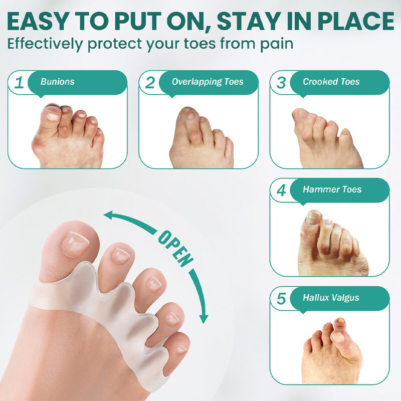1 pasang pemisah jari kaki silikon, korektor Bunion, korektor palu jari kaki, bahan silikon lembut untuk pemisahan jari kaki alat perawatan kaki