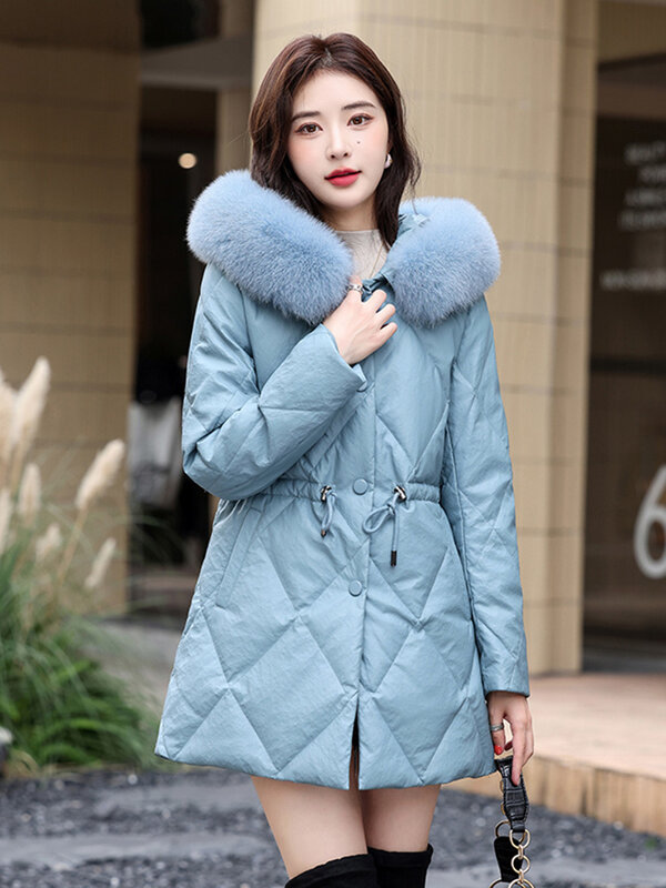 New Women Winter Hooded Leather Down Jacket Fashion Warm Real Fox Fur Collar Casual Sheepskin Down Coat Split Leather Thick Coat