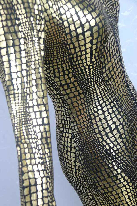 Europejski seksowny Faux Leather skóra węża kombinezon zamek błyskawiczny z przodu długie rękawy body Catsuit kobiety złoty smukły strój klubowy kombinezony