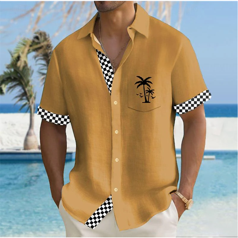 Camisa hawaiana a cuadros para hombre, camisa elástica de manga corta con solapa, 14 colores, para vacaciones al aire libre, verano, XS-5XL, 2024