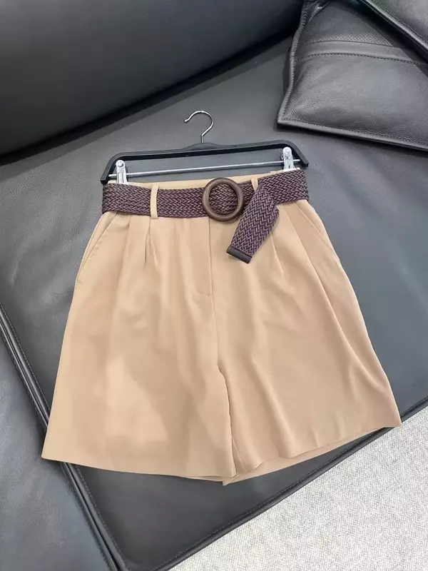Women 2023 New Chic Pleated leisure with belt short Pants Vintage High Waist Side Pockets Female Short Pants Pantalones Mujer