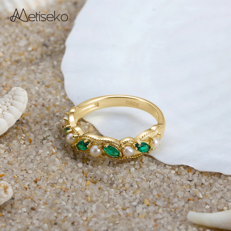 Metiseko 925 Sterling Silver Plated 14K Gold Ring Natural Freshwater Pearls & Emerald Green Cubic Zirconia Ring Retro for Women