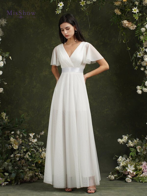 Vestidos de casamento simples marfim feminino, puffer em linha A, manga curta, gola em v, plissado, tule, costas abertas, vestidos de noiva com cinto, 2022