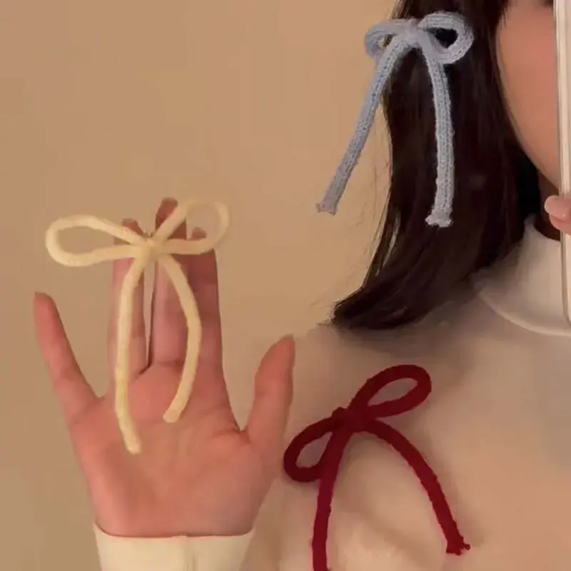 Koreaanse Zoete Rode Gebreide Lint Strik Haarclip Voor Vrouwen Meisjes Snoep Kleur Pony Clip Hoofdtooi Ornament Haar Accessoires