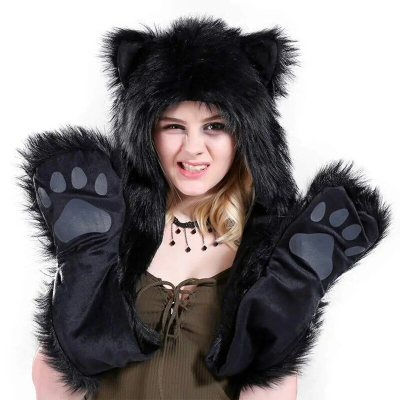 Black Bear, Faux Fur Hood Animal Hat Ear Gloves 3 in1 Fleece Hooded Plush Warm Earmuff Animal Cap with Scarf Gloves