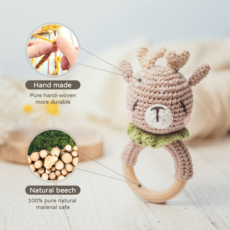 Bopoobo 1pc Baby Rattles Crochet Bunny Rattle Toy Wood Ring Baby Teether Rodent Baby Gym Mobile Rattles Newborn Educational Toys