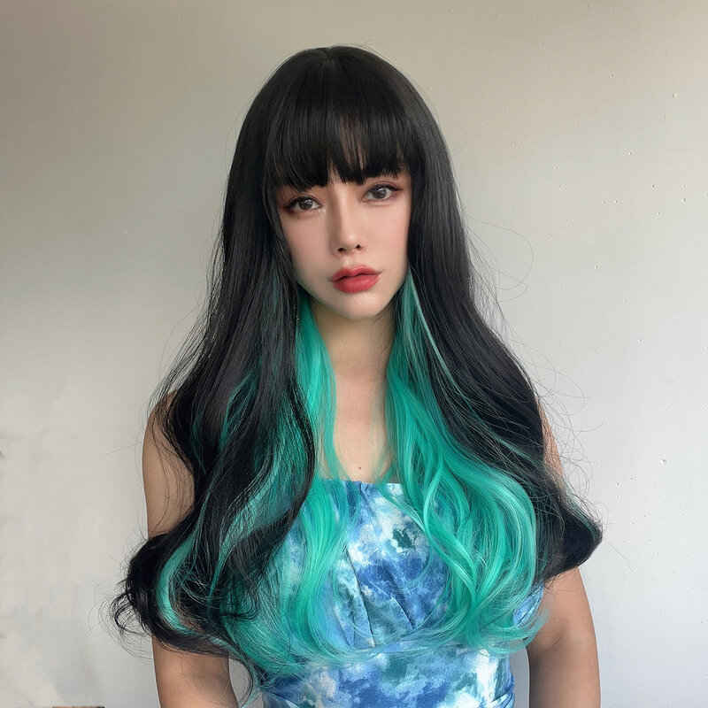Long Black Green Wave Synthetic Wigs With Bangs For Women Layered Gradient Straight Bangs Curly Hair Resistant Natural Hair