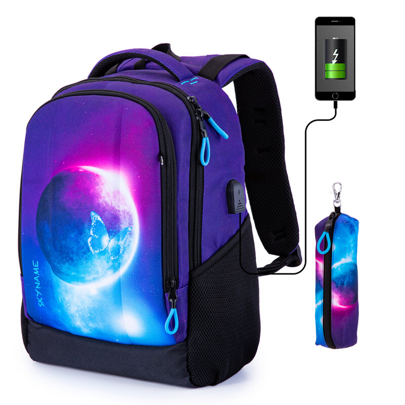 Bolsa escolar ortopédica com porta de carregamento USB para crianças, mochilas multifuncionais para meninas, 3D Starry Sky Bookbag para crianças, nova