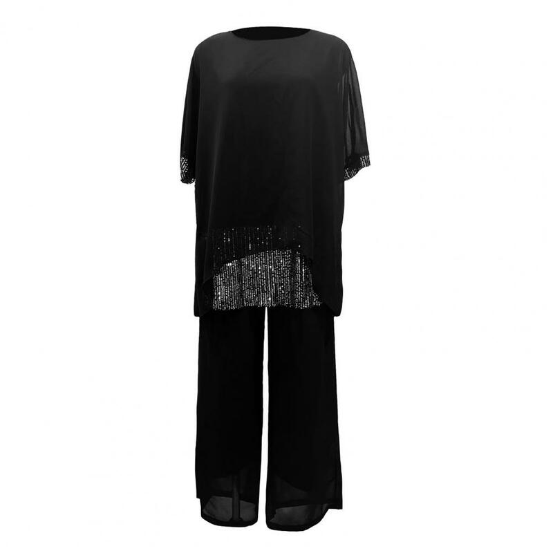 2 Pcs/Set Women T-shirt Pants Set Loose Round Neck Bat Sleeve Shiny Sequin Top High Waist Wide Leg Double-layers Trousers