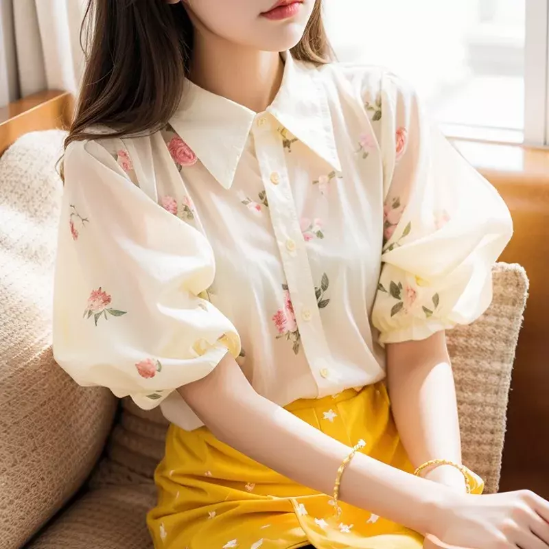 Chiffon Women's Shirt Summer Prints Vintage Blouses Loose Short Sleeve Women Tops Floral Fashion Clothing 2024 Korean