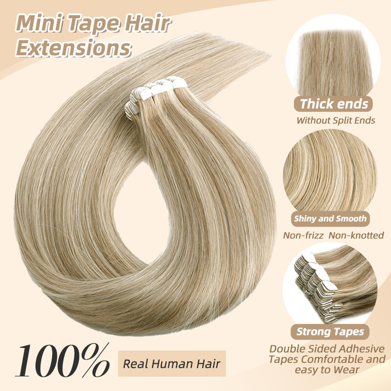 Neitsi-Mini cinta Invisible en extensiones de cabello para mujeres negras, cinta adhesiva 100% Natural, cabello humano liso, 12 ", 16", Rubio degradado