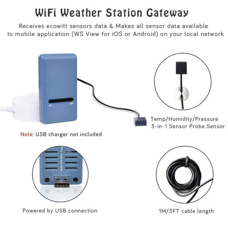 Ecowitt GW1104 Wi-Fi Weather Station Gateway with Wireless Multi-Channel Temperature and Humidity Sensor Thermometer Hygrometer