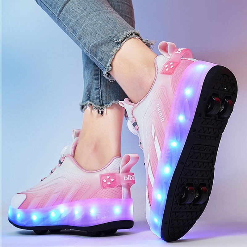 Nieuwe Mode Light Up Skate Rollers Schoenen Voor Kinderen Parkour Deform Sneakers Verstelbaar Wiel Light Up Hiel Skates Casual Schoen