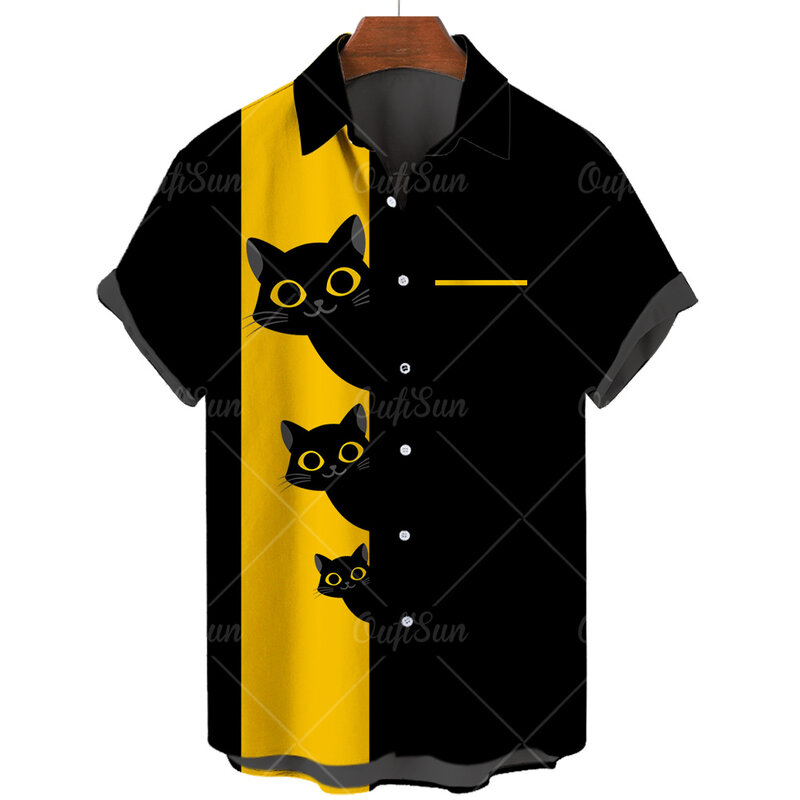 Kemeja Pantai Hawaii Musim Panas Kaus Lengan Pendek Pantai Fashion Hewan Kucing 3D Retro Kemeja Besar Pria Camisa Masculina 5XL