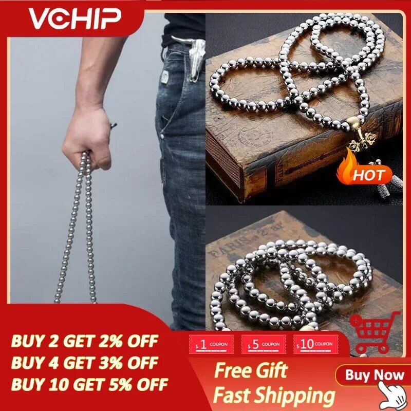 Tactical 8MM Steel Chain 118-128 Ps Buddha Beads Self Defense Hand Bracelet Necklace EDC Outdoor Tools Self Protection Survival
