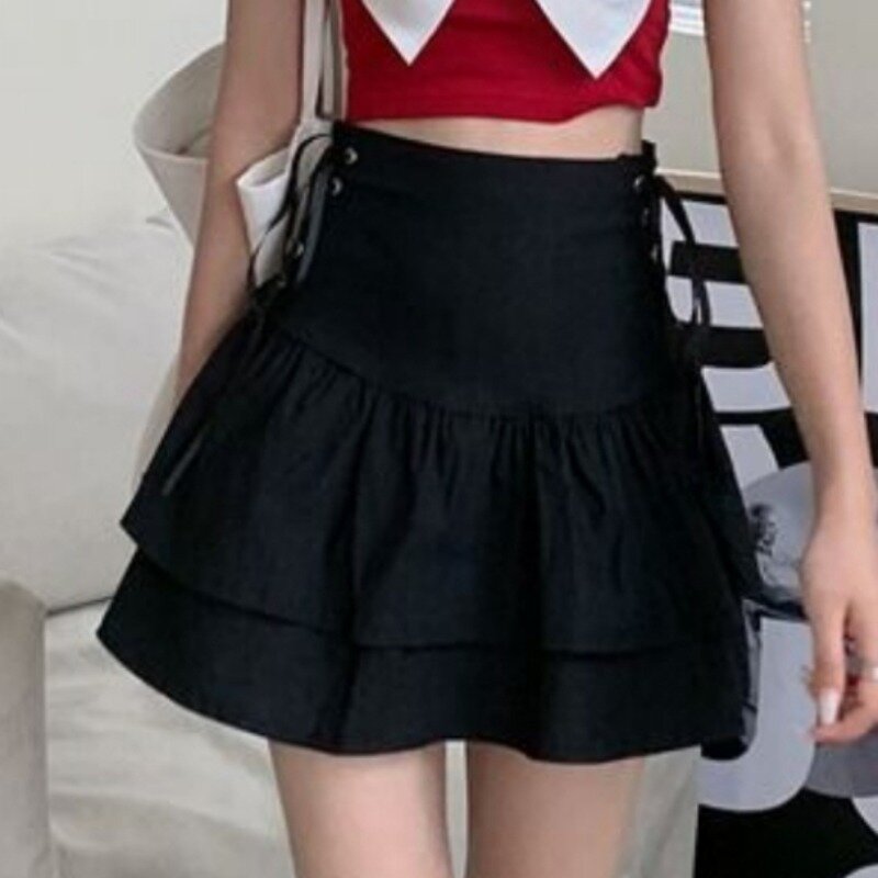 Mini Skirts for Women Side Lace-up Niche Design Chic High Waist Comfortable Black Summer Hot Girls Clothing All-match Solid Fit