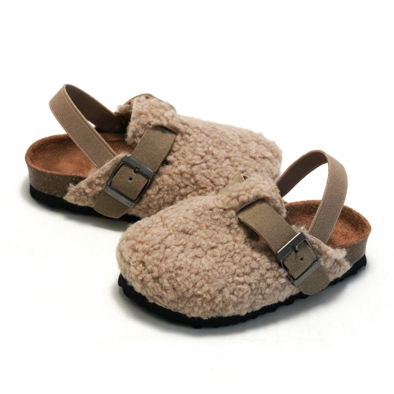 Sandalias peludas cálidas para niños y niñas, zapatos planos de piel sintética de corcho, con correa trasera elástica