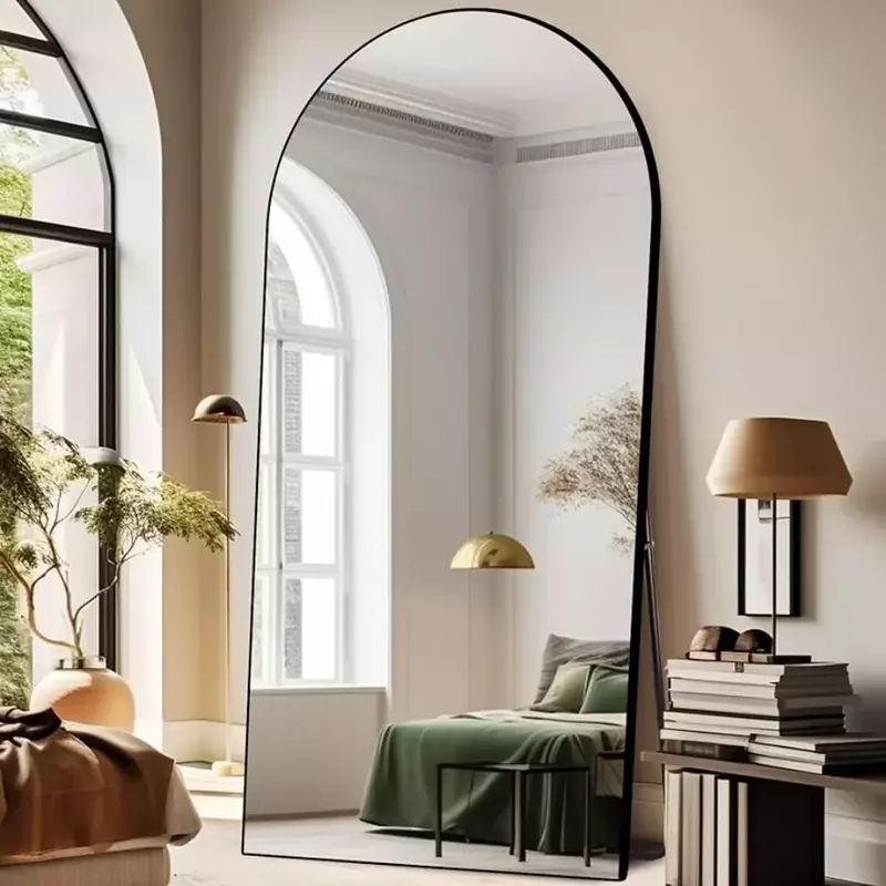 Specchio da pavimento a soffitto ad arco integrale, telaio in lega di alluminio con supporto, montaggio a parete verticale o inclinato, specchio da pavimento grande