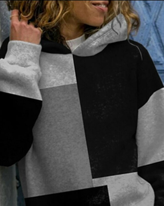 Camisola feminina com capuz de manga comprida gola redonda, top estilo pendular, Colorblock, desenho geométrico, outono, inverno, 2023