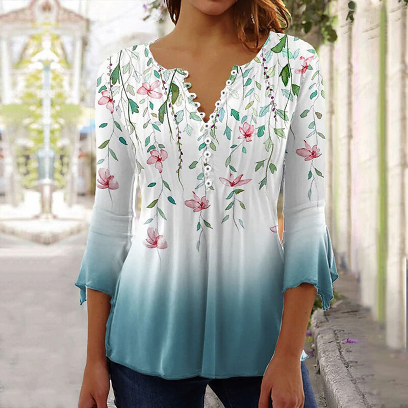 Kaus kancing kepribadian Eropa dan Amerika baru musim panas kaus kasual longgar jalanan atasan berkancing gambar 3D leher V Wanita