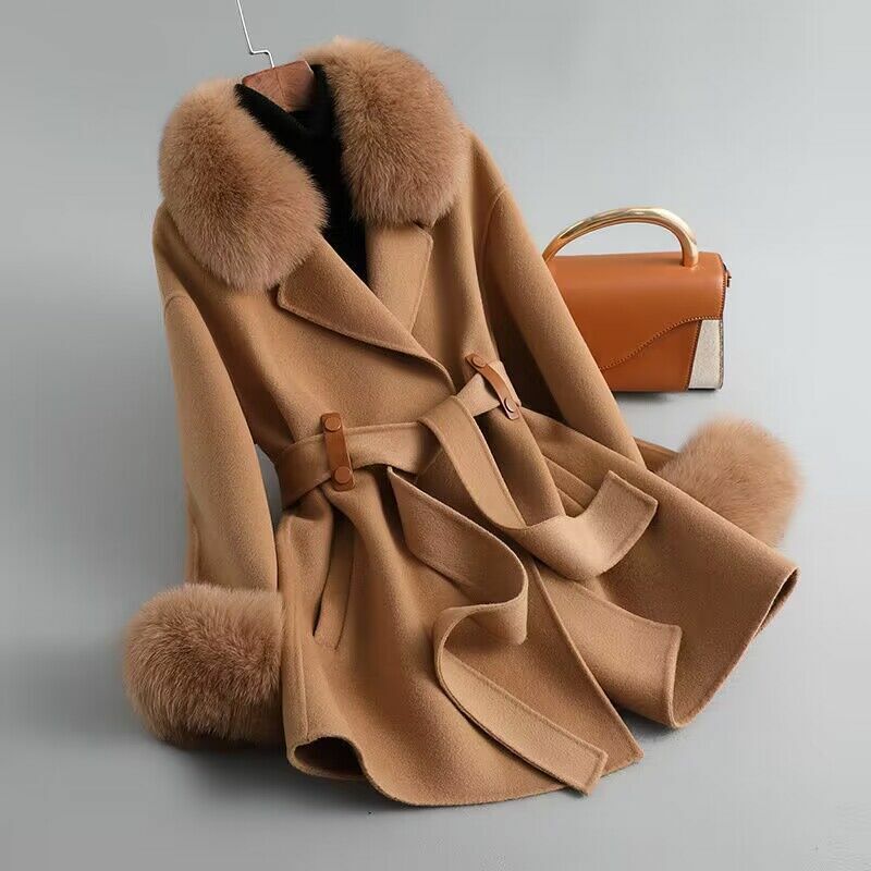 Casaco de lã quente feminino com gola de pele destacável, jaqueta casual monocromática, sobretudo de lã, pele de raposa real, moda feminina