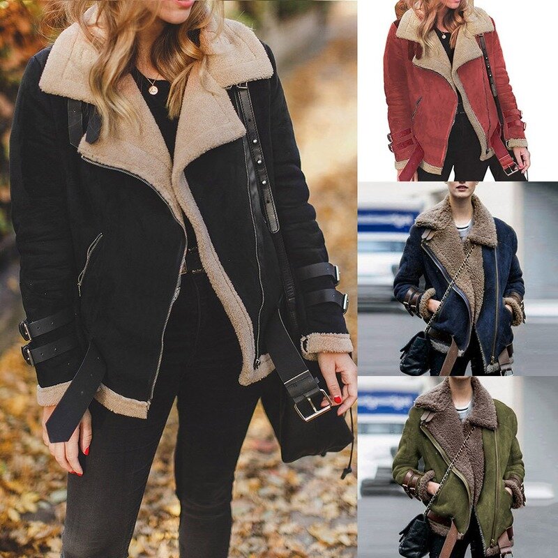Jaqueta de lapela de lã de cordeiro feminina, roupa casual feminina, estilo motocicleta, nova, outono e inverno