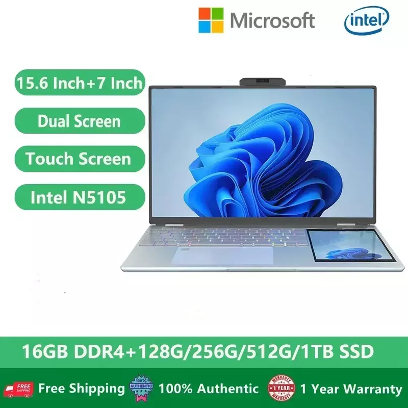 2023หน้าจอคู่แล็ปท็อป Windows 11โน๊ตบุ๊คคอมพิวเตอร์สำนักงานคอมพิวเตอร์พีซี15.6 "+ 7" สัมผัส Intel N5105 RAM 16GB + 1TB M.2 5G WIFI
