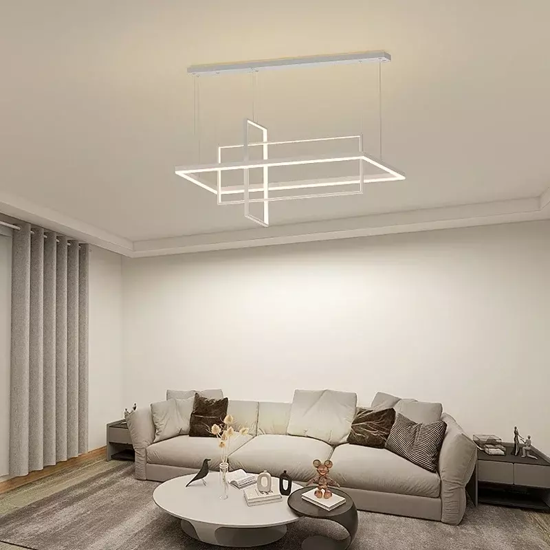 โคมระย้า LED ทรงสี่เหลี่ยมสำหรับห้องครัวห้องรับแขกห้องนอนรับประทานอาหารโคมไฟแขวนในร่มควบคุมระยะไกล