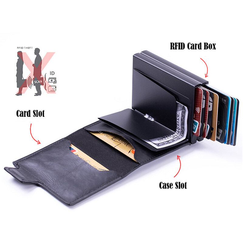 YKOSM Airtag กระเป๋าคู่อลูมิเนียมกล่อง RFID Blocking กระเป๋าใส่บัตรเครดิตหรูหรากระเป๋าเงินหนัง PU กับ Airtags กรณี