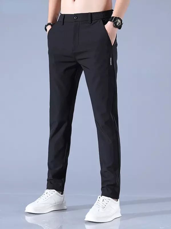 Celana pria musim panas 2023, celana sutra es kasual longgar lurus elastis gaya tipis cepat kering celana olahraga pemuda bernapas