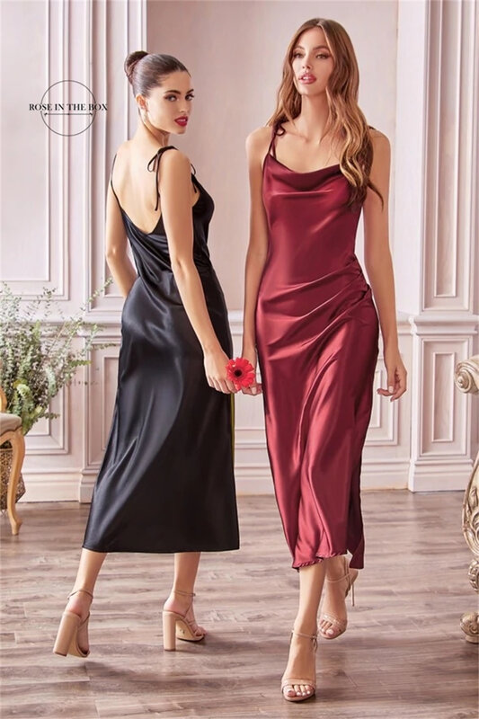 Robe de demoiselle d'honneur en Satin à bretelles Spaghetti pour femmes, robes d'invitées de mariage Sexy avec fente latérale, robes de soirée de bal, 2022