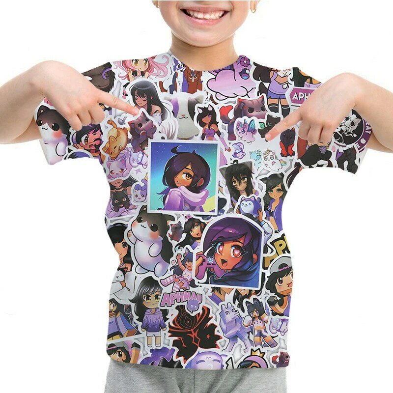 Aphmau-manga curta camiseta para meninas e meninos, roupas infantis, anime, bonito, verão